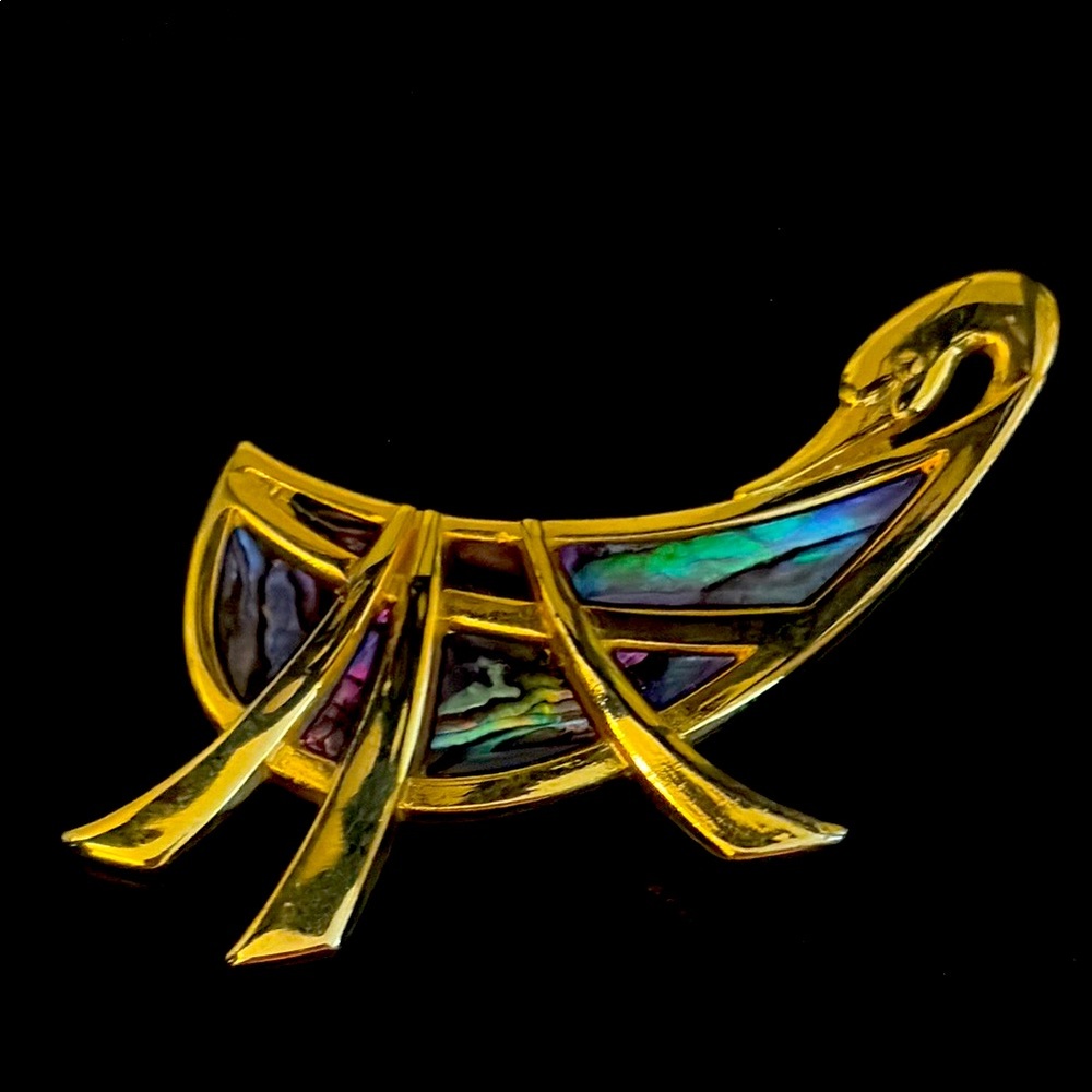 Vintage Brooch Signed NURI Abalone Inlay Gold Tone Goose